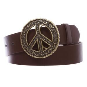 8129 1 1/2" Snap On Belt With Round Perforated Floral Engraving Peace Sign